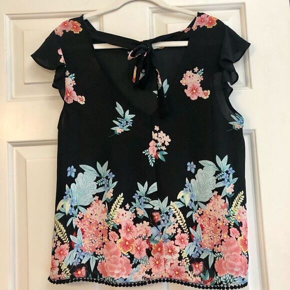 Twine and String Women’s Plus Floral Black Sheer Blouse Pom Pom Trim Size XL - Picture 3 of 10